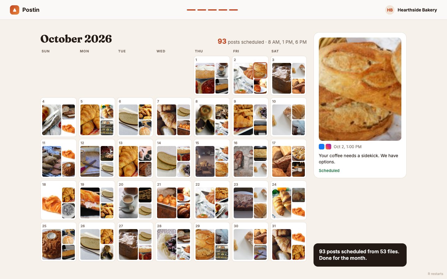 A month of scheduled posts on a calendar